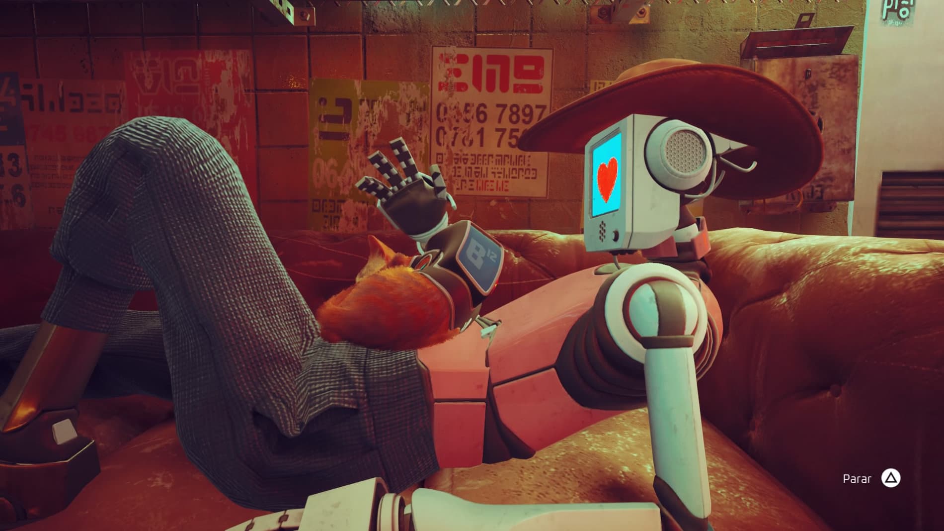 Stray: uno de los robots acariciando al gato